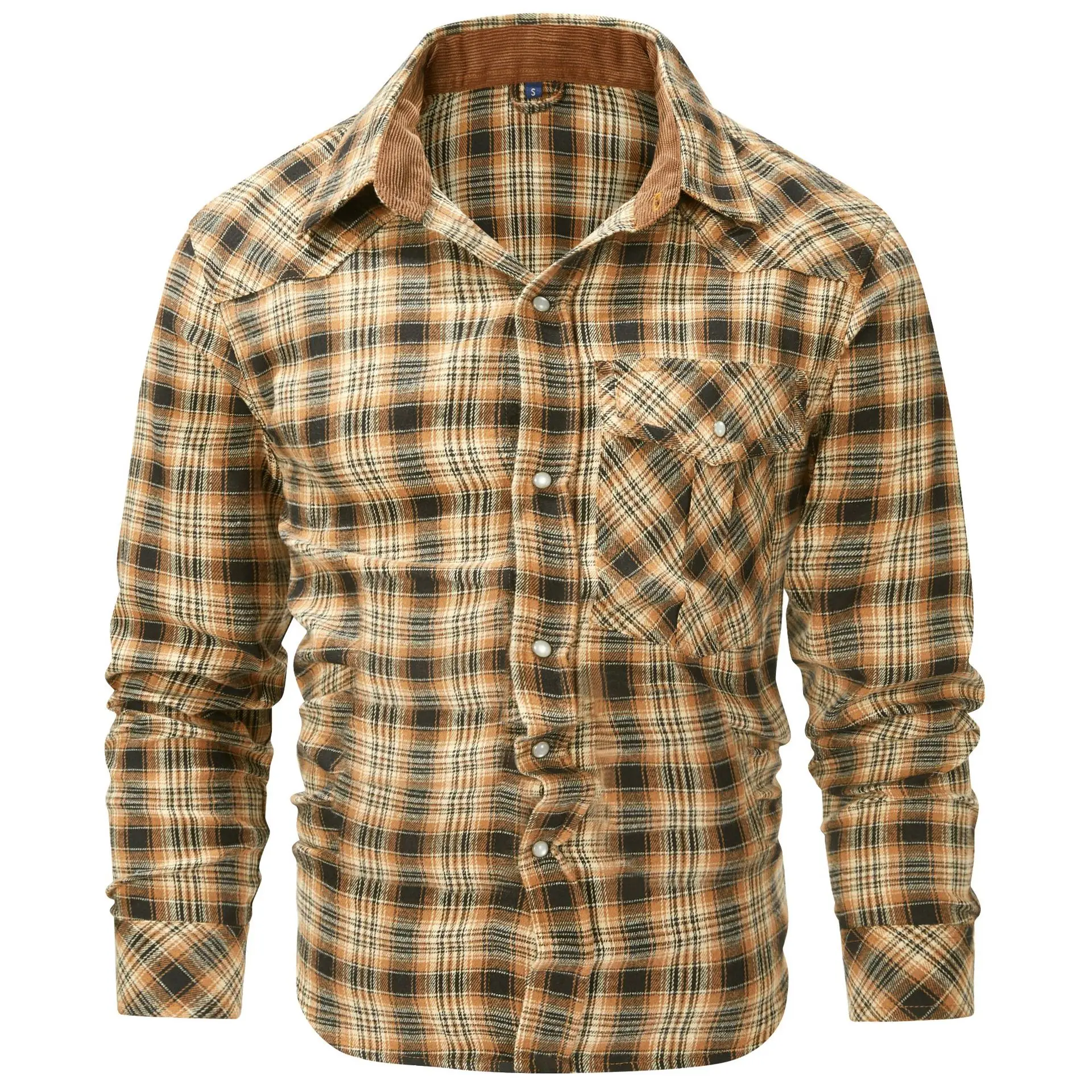 Luxury and fashionable men\'s plus size plaid flannel shirt with retro pearl button Western style long sleeved shirt jacket