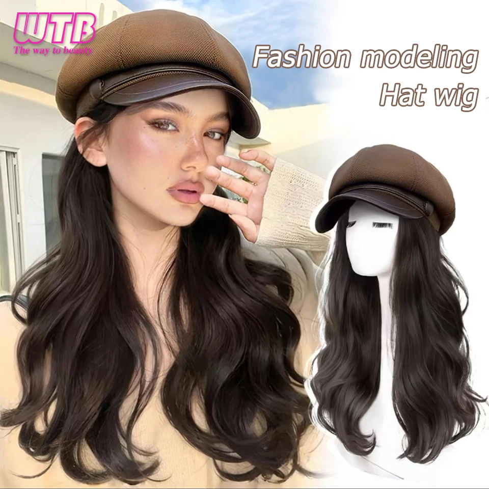 Synthetic Autumn and Winter Hat Wig Female Octagonal Newsboy Hat Long Curly Wig Winter Beret Wig Suitable for Daily Wear