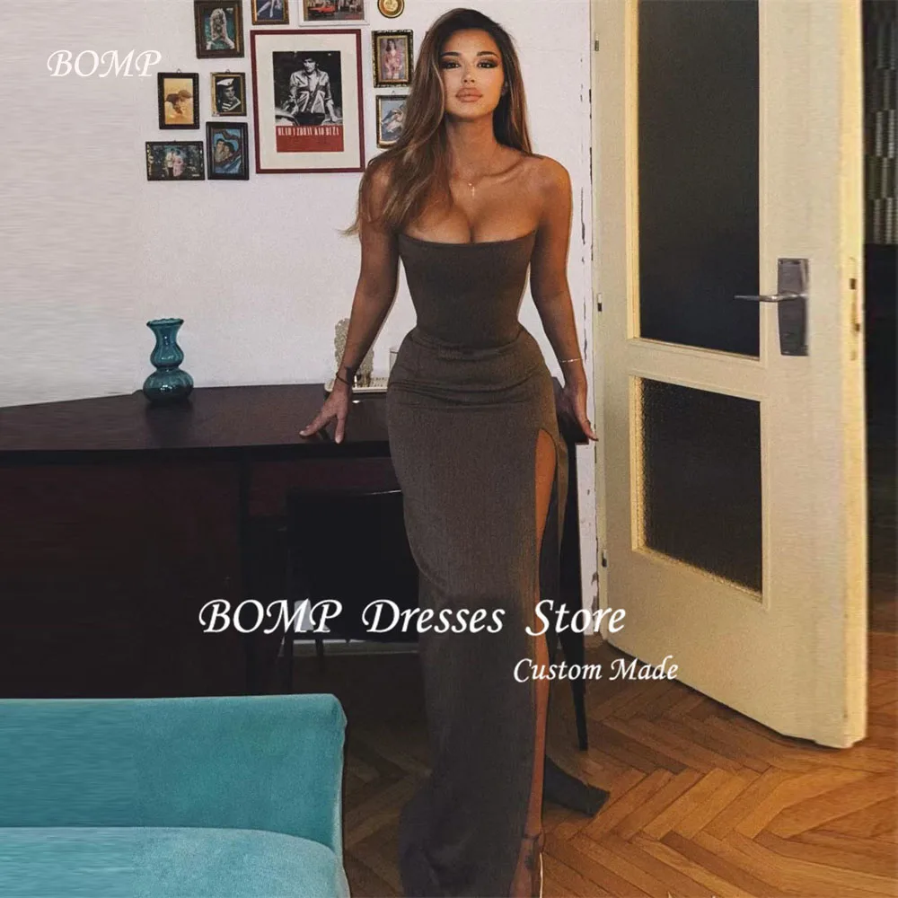 BOMP Simple Brown Evening Party Dresses Strapless Side Split Floor Length Simple Prom Gowns Formal Occasion Dress Customized