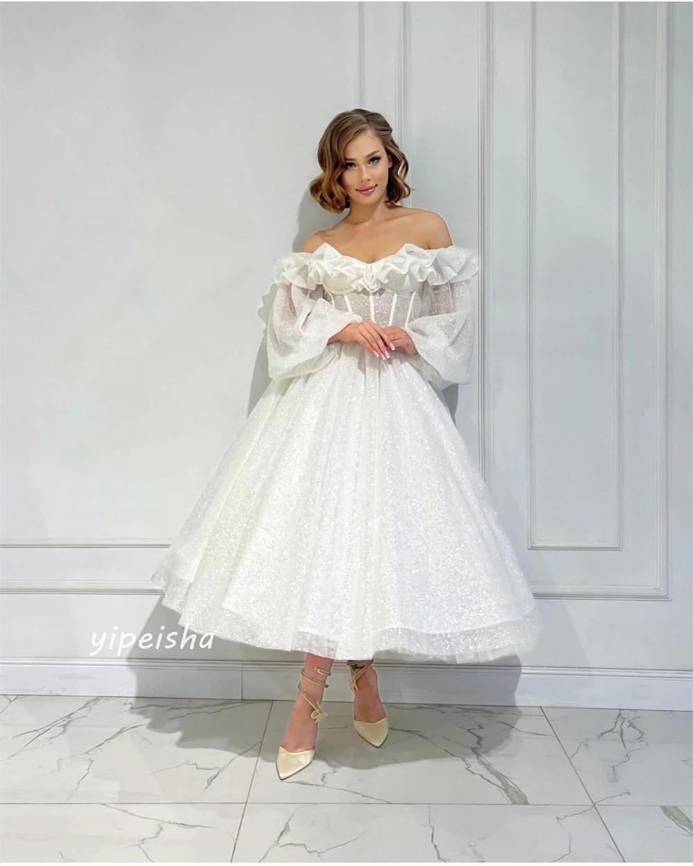 Jiayigong High Quality  Evening Net Ruched  A-line Off-the-shoulder Bespoke Occasion Gown Midi Dresses