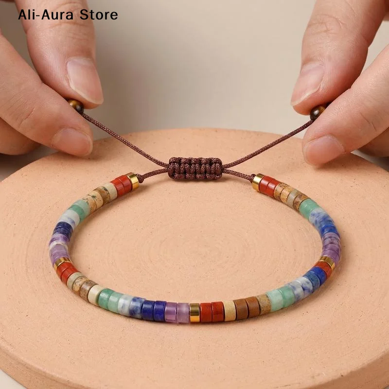 7 Chakra Bracelet Natural Stone Beaded Woven Jewelry For Women With 7 Chakra Colors Red Orange Yellow Green Indigo Violet