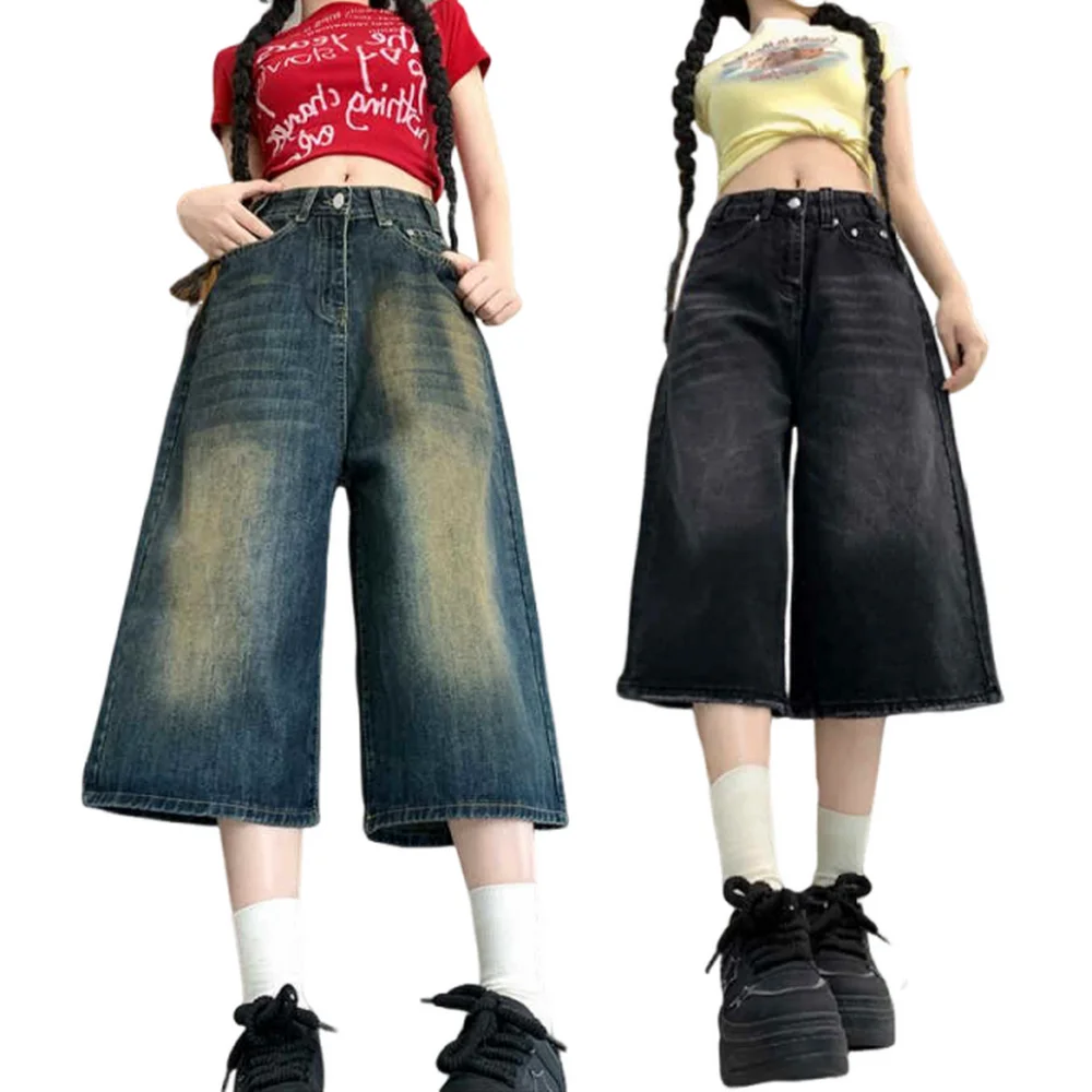 

Summer Female Cowboy Shorts Wash Whiskers Denim Shorts Women Low Rise Distressed Frayed Wide Leg Baggy Jeans