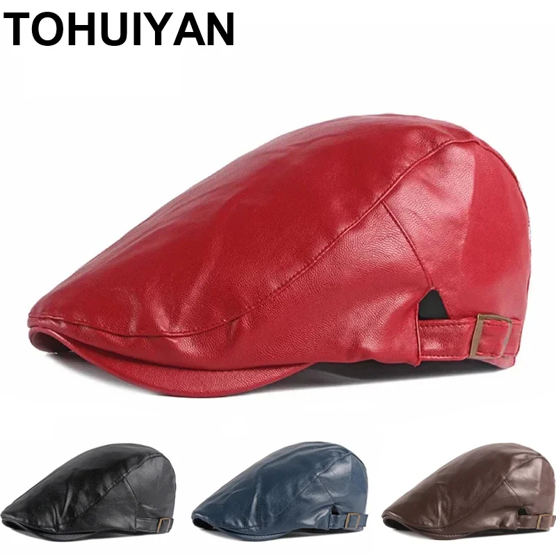 TOHUIYAN PU Leather Boinas Flat Cap Autumn Men's Beret Hat Gorras Para Mujer Newsboy Cap Hat Duckbill Visor Ivy Hats for Women