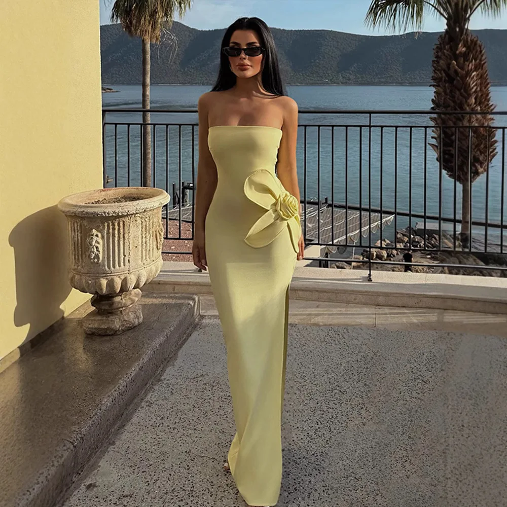 Woman Dress High-end With Chest Pads Green Dress Waist Three-dimensional Flower Design Beach Dress Elegant Evening Dress