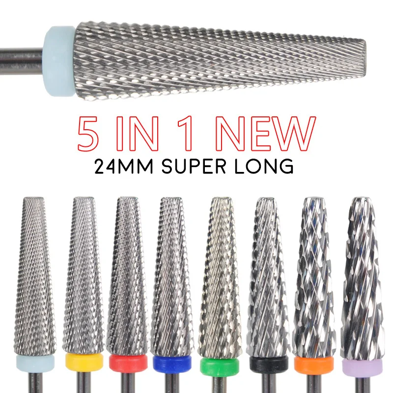 5-IN-1 24mm Super Long Tapered Carbide Nail Drill Bits Electric Nail Drill Accessories Manicure Bur Nail Cuticle Milling Cutter