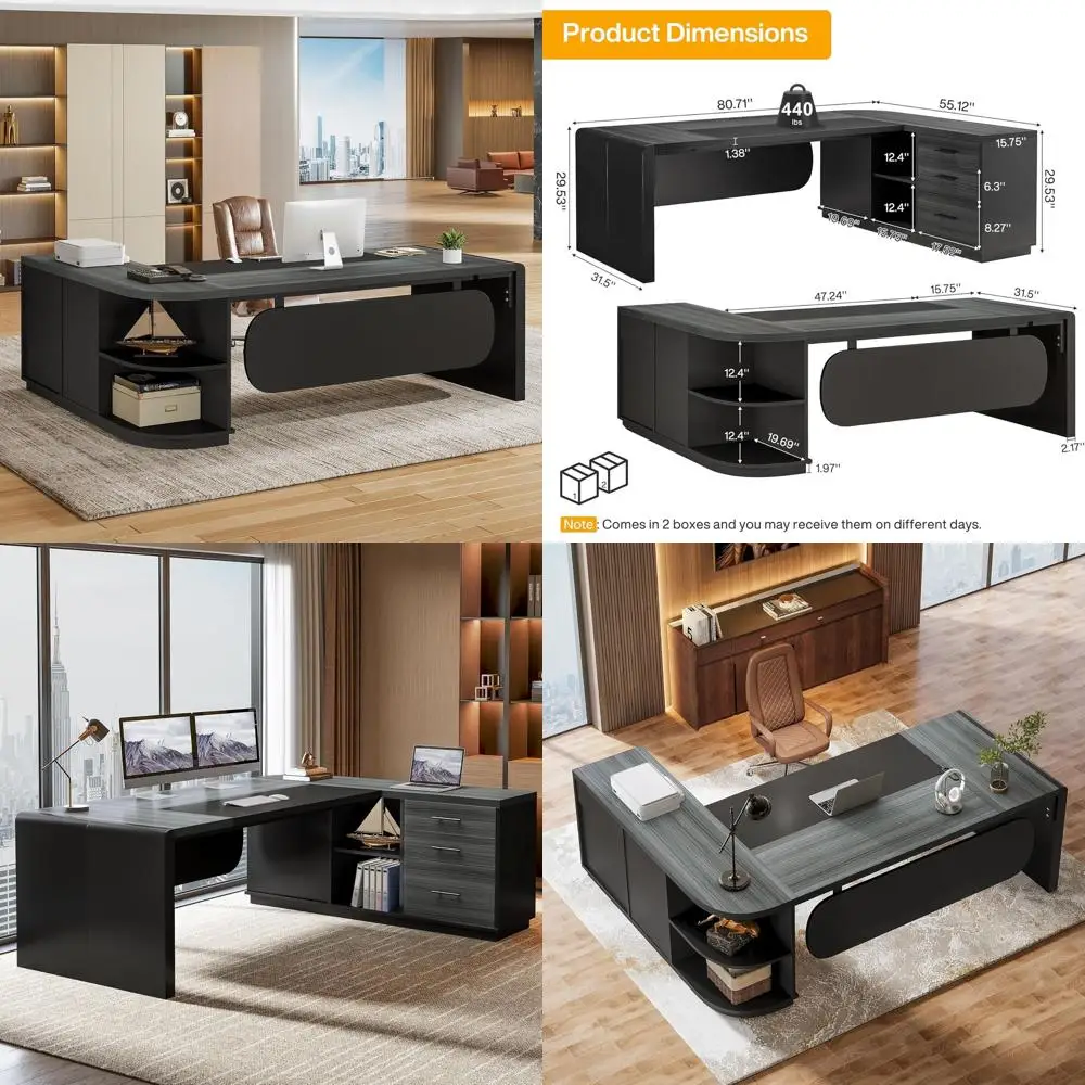

L-Shaped Desk Set for 4, Large Executive Office Desk with 55 Drawer Cabinet, Computer Table with Storage Shelves, Grey