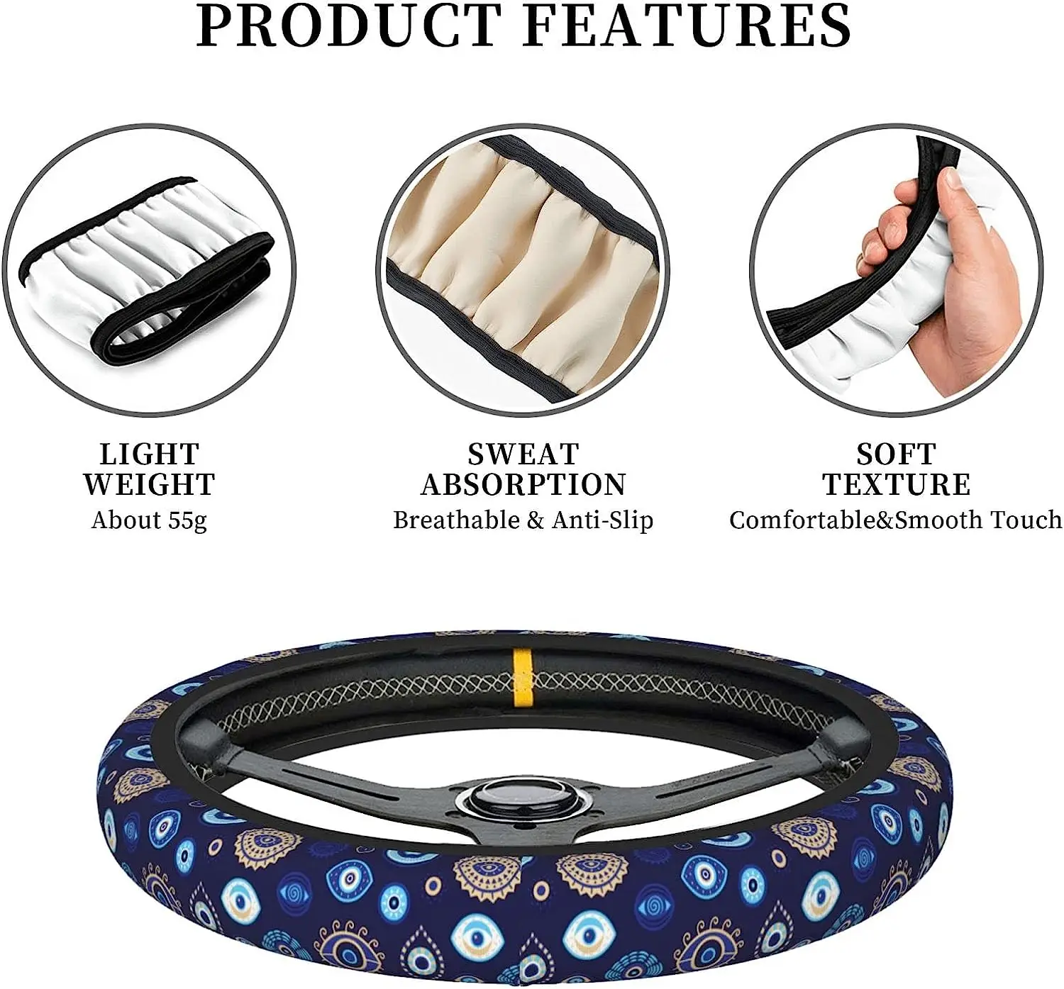Steering Wheel Cover Car Universal 15 Inch Automotive Accessories Anti Slip Soft Protective Magic Evil Eyes One Size