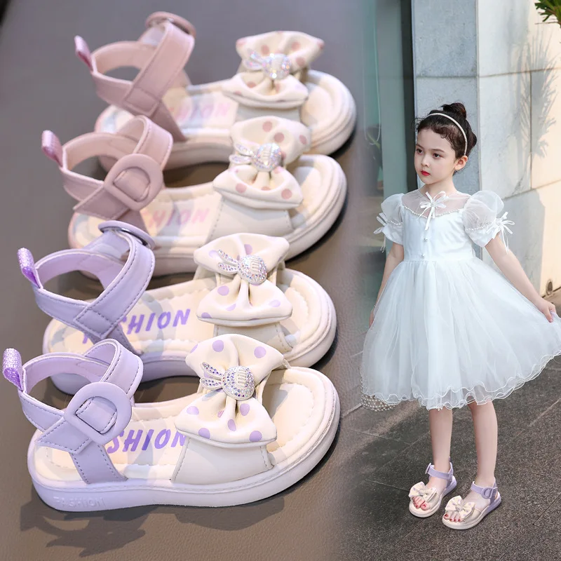 Girls' sandals 2024 summer new little girls and children soft soled bow Princess sandals children's beach shoes kids' sandals