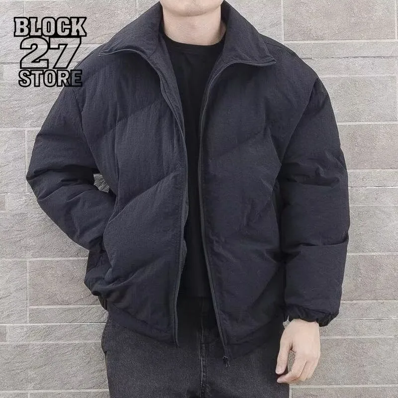 

Mens Jacket Harajuku Winter Thick Warm Cotton Puffer Coat Stand Collar Loose Fit Bread Style Casual Streetwear Fashion Outerwear