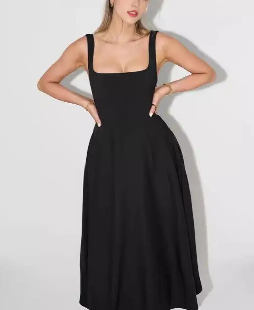 

2025 Summer New Simple and Sexy Solid Color Shoulder Strap Slim Fit Mid Length Dress