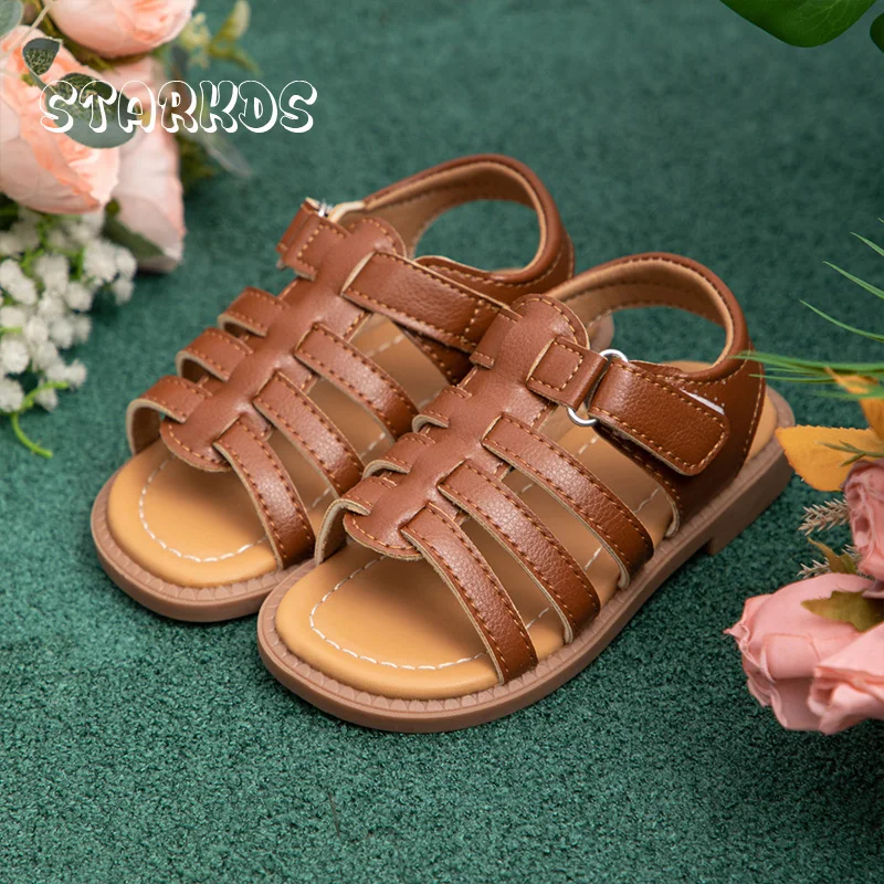 Eleganckie sandały na pasku dla dziewczynek, płaskie, z klamrą, skórzane gladiatorki letnie dla niemowląt i dzieci, w kolorze czerwono-białym.