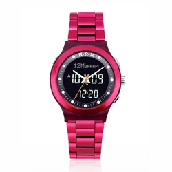 Prayer Watch For Muslim Man and Woman with Adhan Alarm Qibla Rhinestones AL-Harameen Fajr Wristwatch in Fashion Red Color