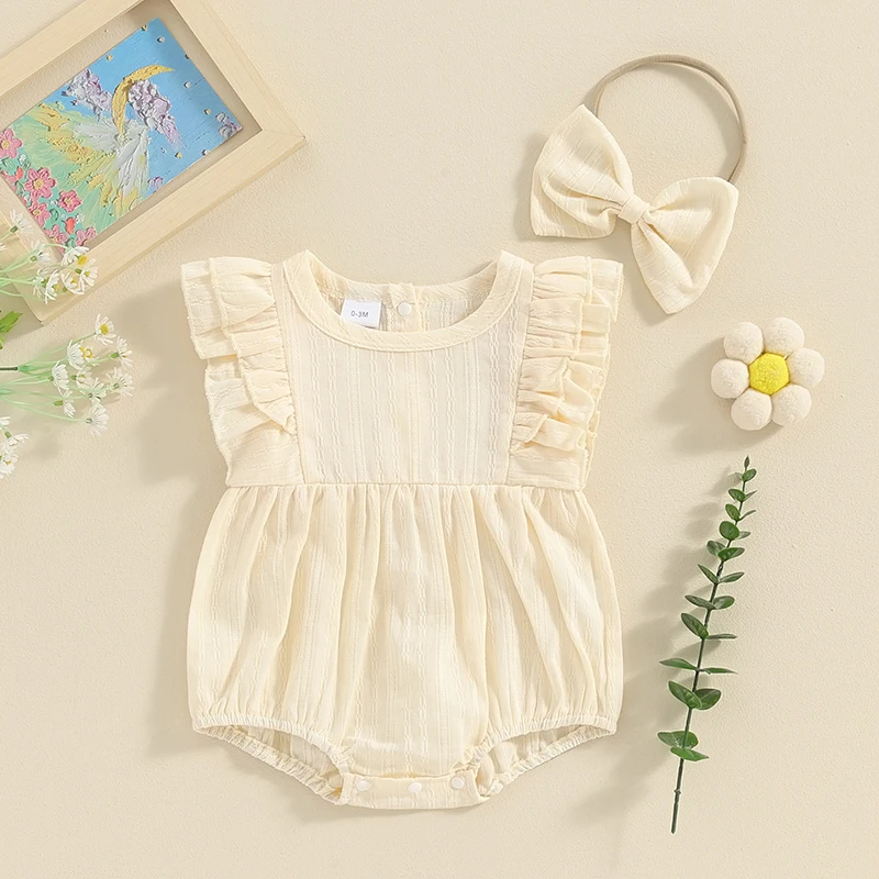 Baby Girl 2 Piece Outfits Round Neck Frill Trim Sleeveless Solid Color Romper 3D Bow Headband Infant Toddler Summer Set