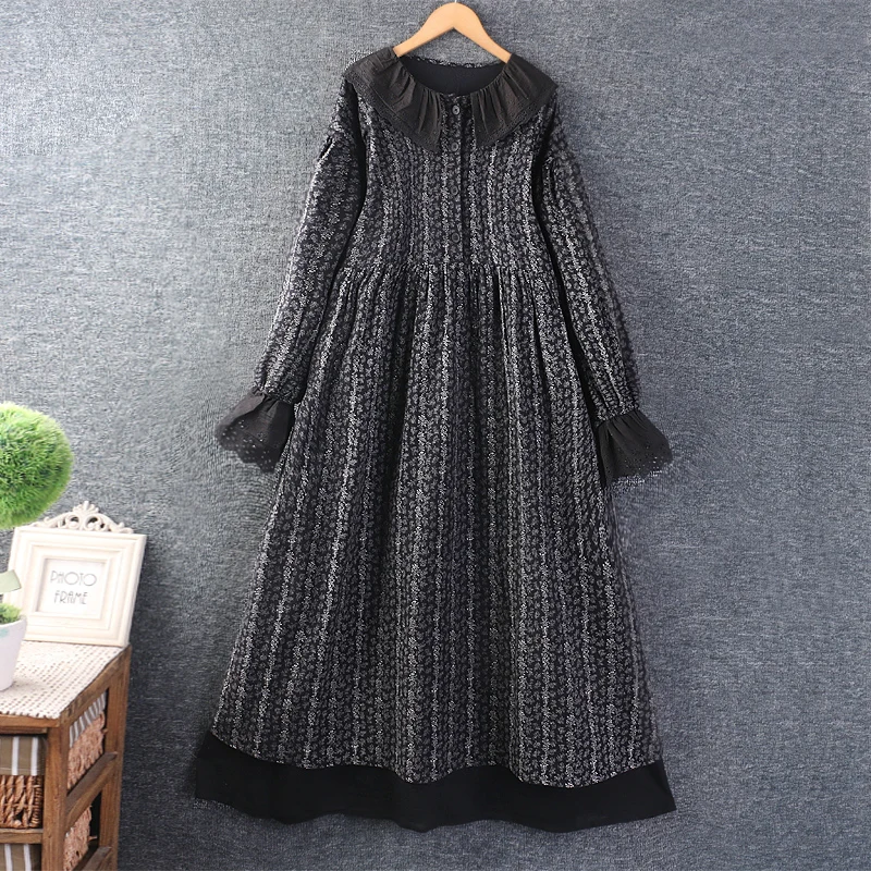 Sweet Mori Girl Vintage Floral Print Fake Two Pieces Cotton Linen Dress Women Peter Pan Collar Long Sleeve Casual Loose Dresses