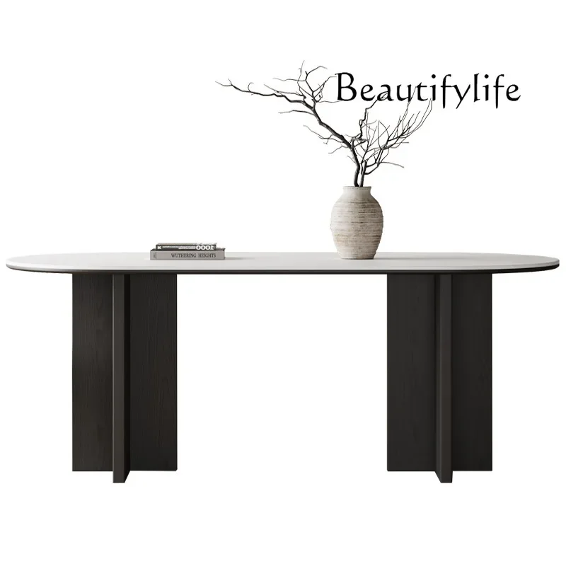 N36 Medieval solid wood dining table new small apartment household French retro rock slab semi-circular oval American high-end