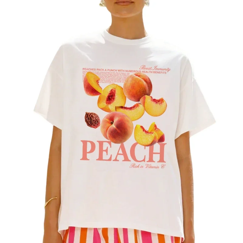 

Vintage Peach Printed T-Shirts for Women Summer Hippie Cute Fruit Graphic Tees Loose Short Sleeve Retro Aesthetic Fashion Tops