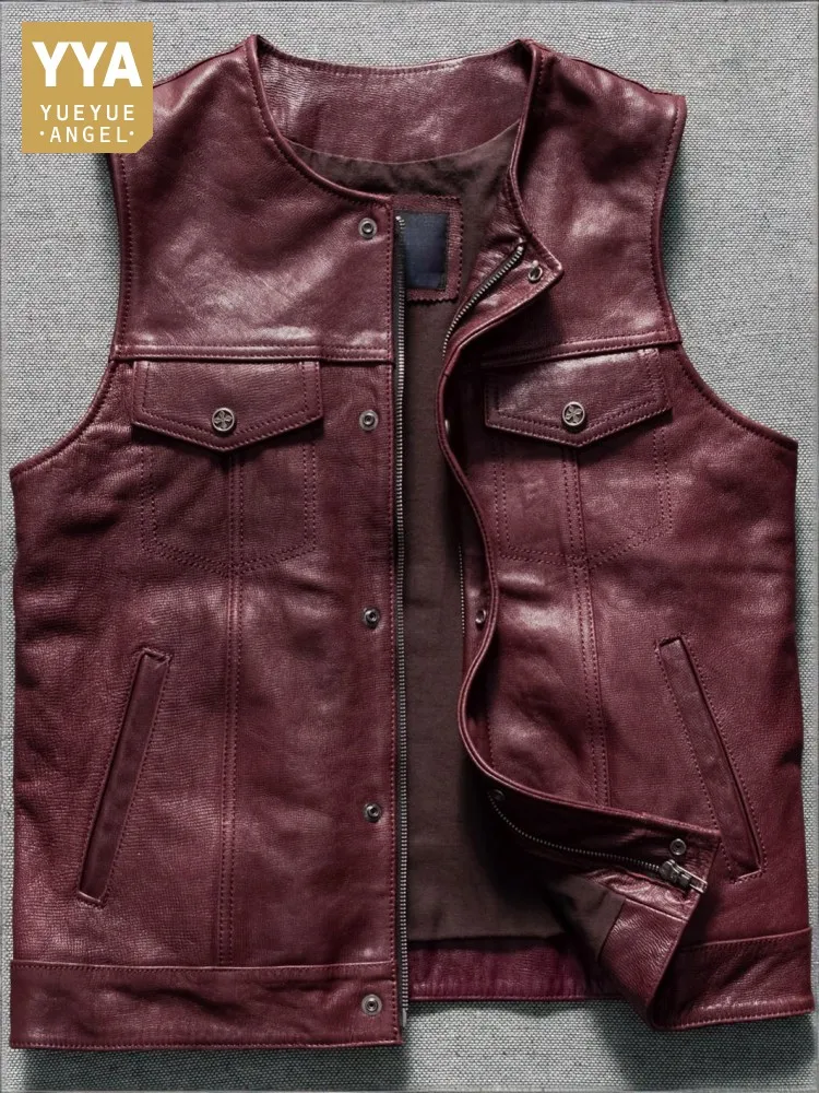 Concise Fashion Round Neck Zipper Male Genuine Leather Vests Retro Pockets Slim Sleeveless Men Solid Color Sheepskin Outerwear
