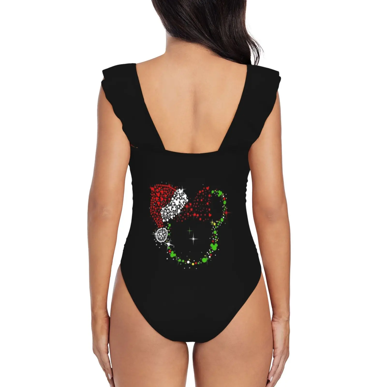 Christmas Minnie New Print Swimwear Deep-V Ruffle Swimsuit One Piece Swimsuit Beach Wear Monokini Christmas Xmas White