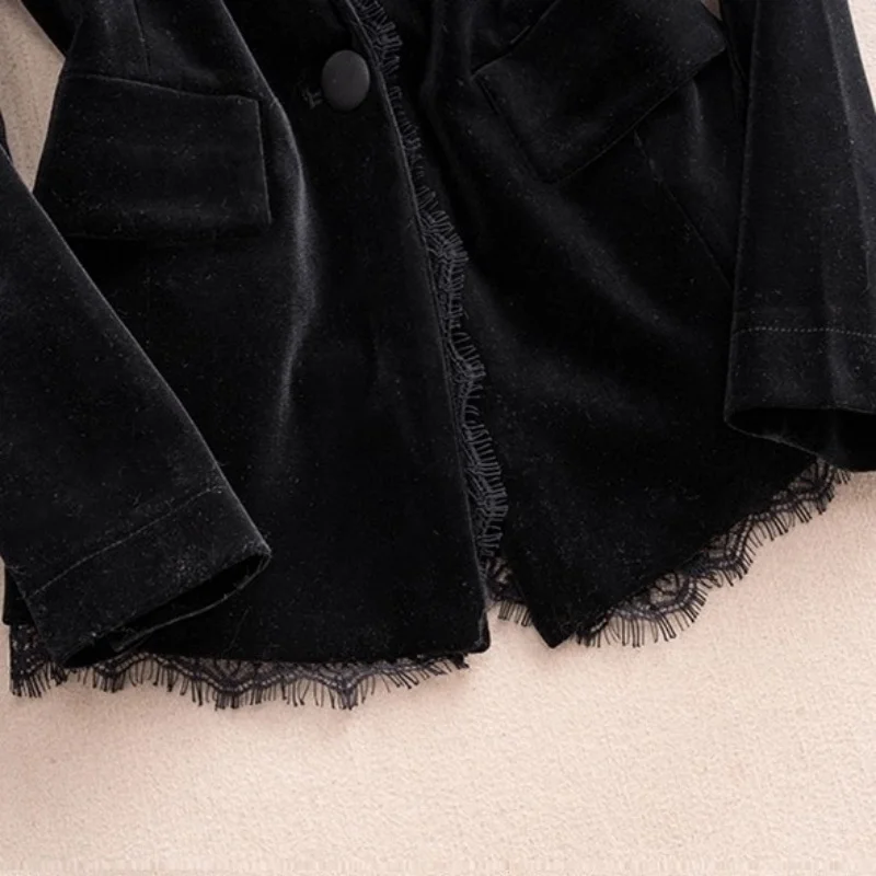 سترة نسائية فاخرة مخملية سوداء مع لمسات ذهبية وحواف من الدانتيل |   ربيع الخريف اقتصاص البدلة أعلى ملابس خارجية w1532