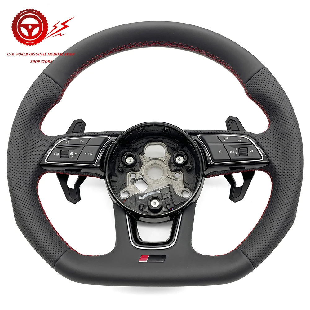 Half Perforated Leather Multifunctional Flat Bottomed Sports Steering Wheel, For Audi A3 A4 B9 A5 S3 S4 S5