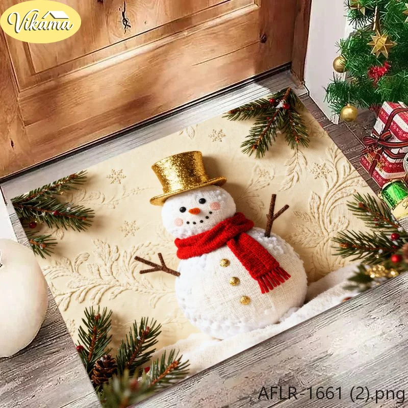 VIKAMA 3D Visual Christmas Snowman Doormat Beige Embossed Scarf Snowman Print Non-Slip Entry Mat, Winter Holiday Home Decor Gift