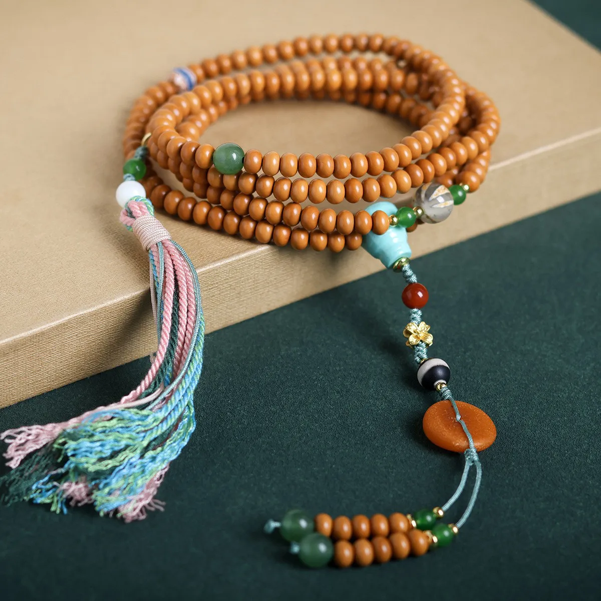 Chinese Style Lucky Blessing 5mm Olive Core Multi Layer Bracelet Natural Amber Slice Magnesite Turquoise Mala Prayer Beads Unise