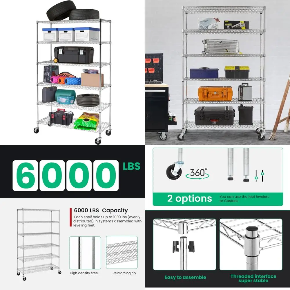 

Сверхмощные регулируемые 6-ярусные полки из хромированной проволоки с колесами, 48x18x76 вмещает до 600 фунтов, идеально подходят для решения для хранения