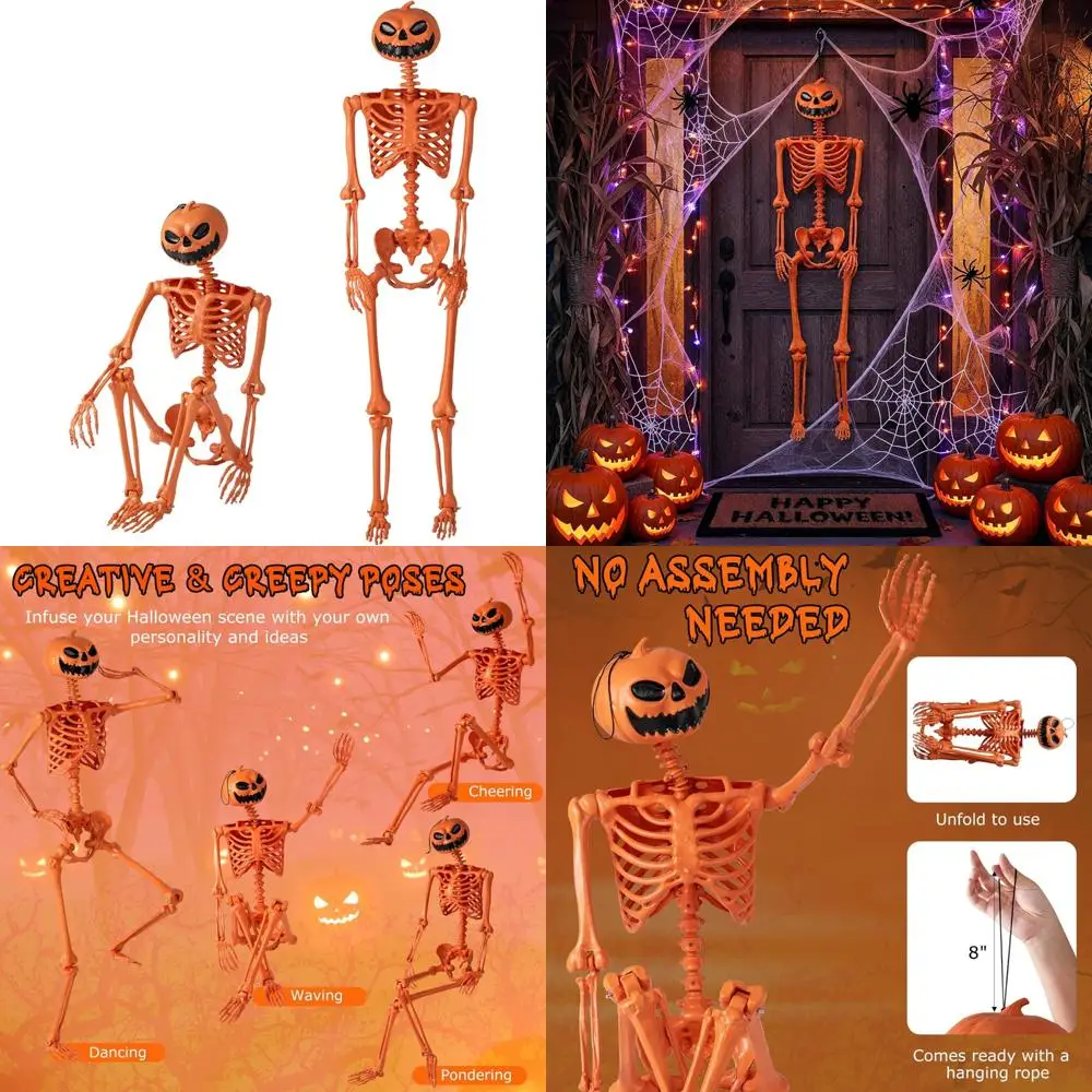 

Life-Size Halloween Orange Skeleton with Posable Joints and Pumpkin Head, 5.2 Ft Tall for Indoor and Outdoor Use