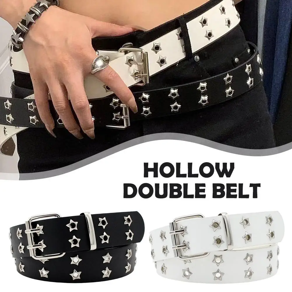 Y2K Punk Rivet Leather Belts Star PU Black White Waist Strap Double Row Hollow For Jeans Skirt Decor Gothic Waistband