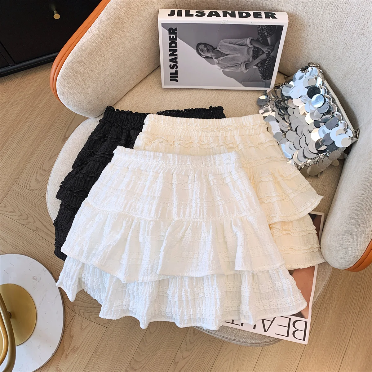 

2024 Summer New Korean Sweet Half Skirt Texture Anti Shining Pants A-line Skirt Short Skirt Layered Ruffle Edge Solid Lace