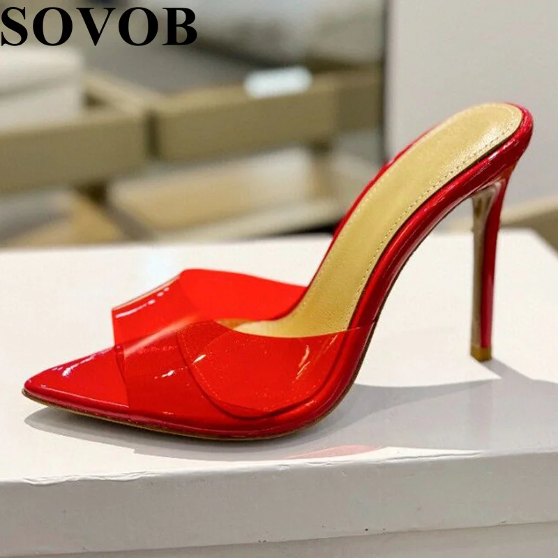 

New Summer Pvc Pointed Toe Thin Heel Slippers Women Sweet Versatile Fashionable Slippers Vacation Dresses Shoes Banquet Shoes