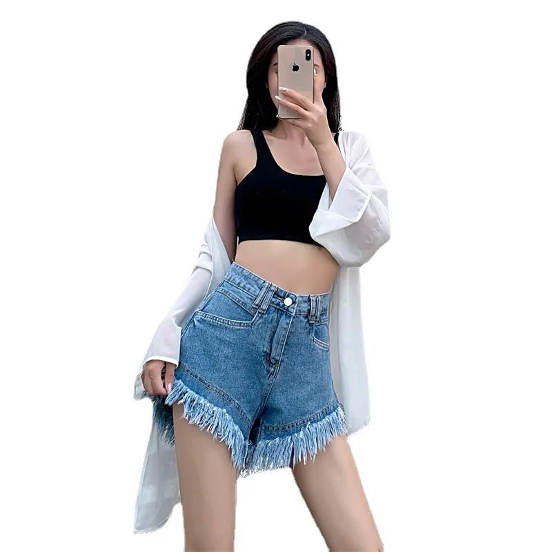 

Women's Lightweight Pink Distressed Denim Shorts 2026 Summer Korean Style Frayed Hem A Line Trendy Casual Shorts
