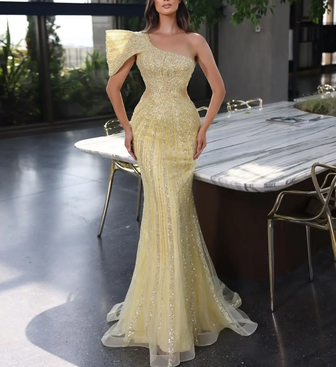 Yellow Mermaid Evening Dresses One Shoulder Bateau Sleeveless Sequins 3D Lace Sparkly Beaded Appliques Prom Dresses Custom Made