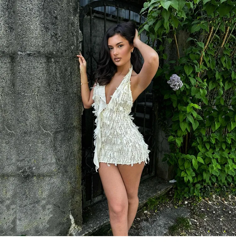 

Sexy Slim Dress Spring Autumn Solid Color Elegant Beach Resort Style V-neck Backless High Waist Halter Covered Hips Short Dress