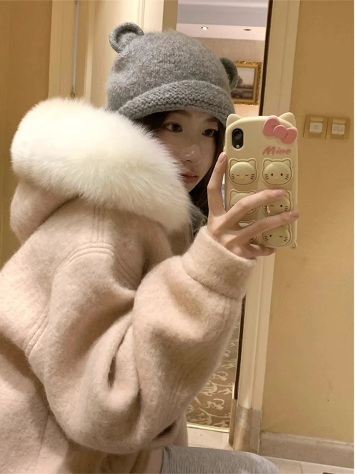 Sweet Girl Pink Thickened Woolen Coat Winter Lazy Style Super Beautiful Loose Fit Woolen Coat Women Hat with Large Fur Collar