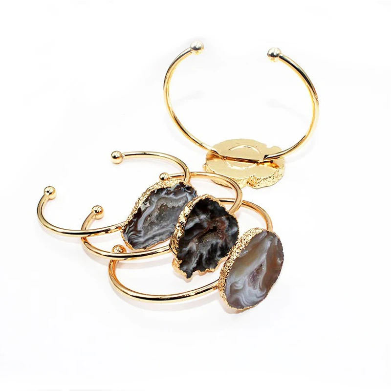 Natural Brazilian Agate Bangle Irregular Geode Raw Stone Gold Plated Open Cuff Bracelets Primary Color for Women Healing Crystal