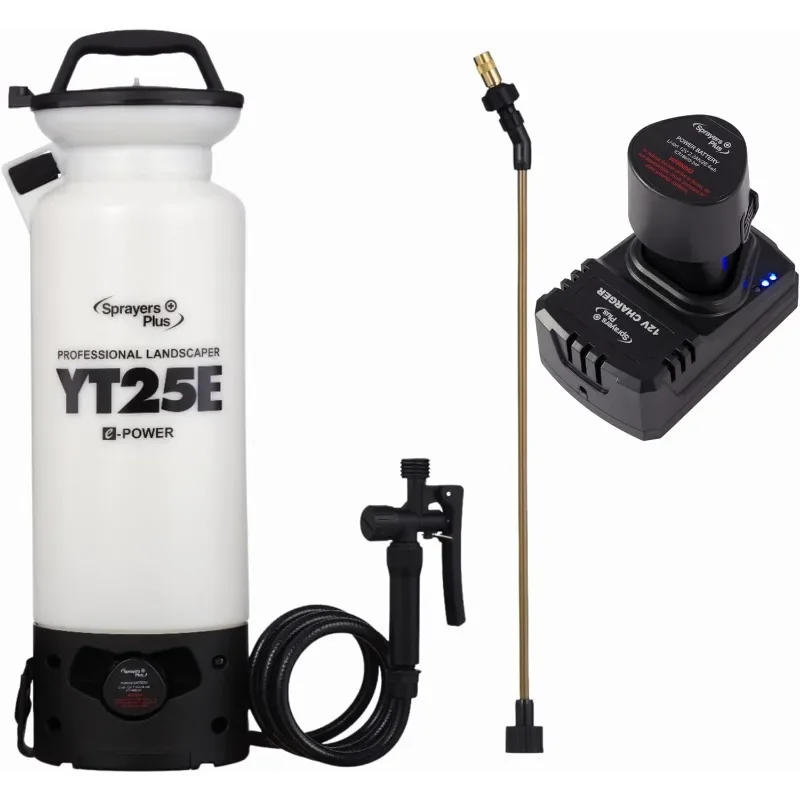 Sprayers Plus YT25E Battery Sprayer - 12V Lithium-ion with Viton Seals & O-Ring, Brass Wand & Nozzle & Shoulder Strap, 2 Gallon