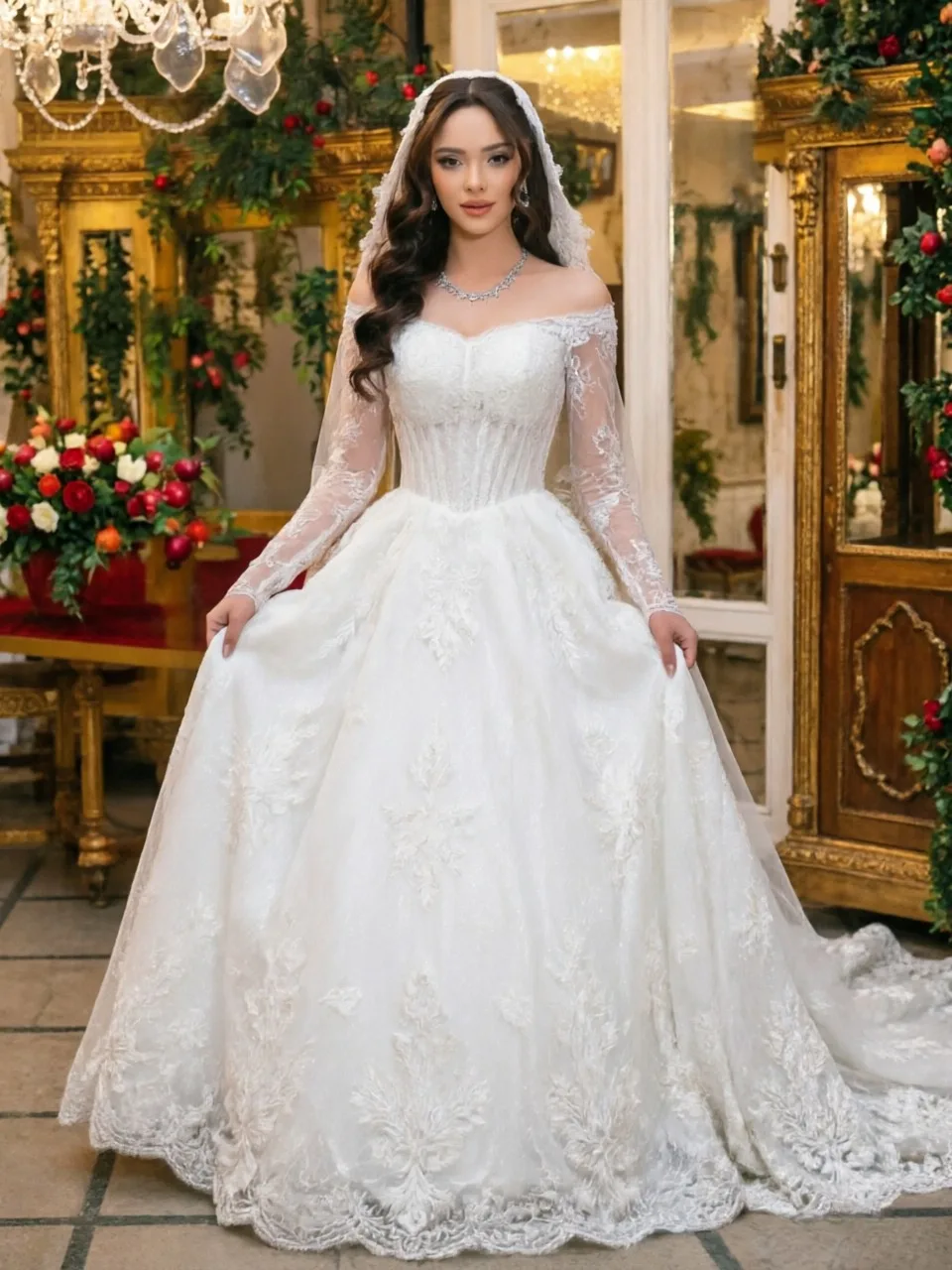 

Customized Luxury Lace Long Sleeve Ball Gown Wedding Dress Elegant Romantic Shiny Exquisite Chic Bridal Gown Vestidos De Novia