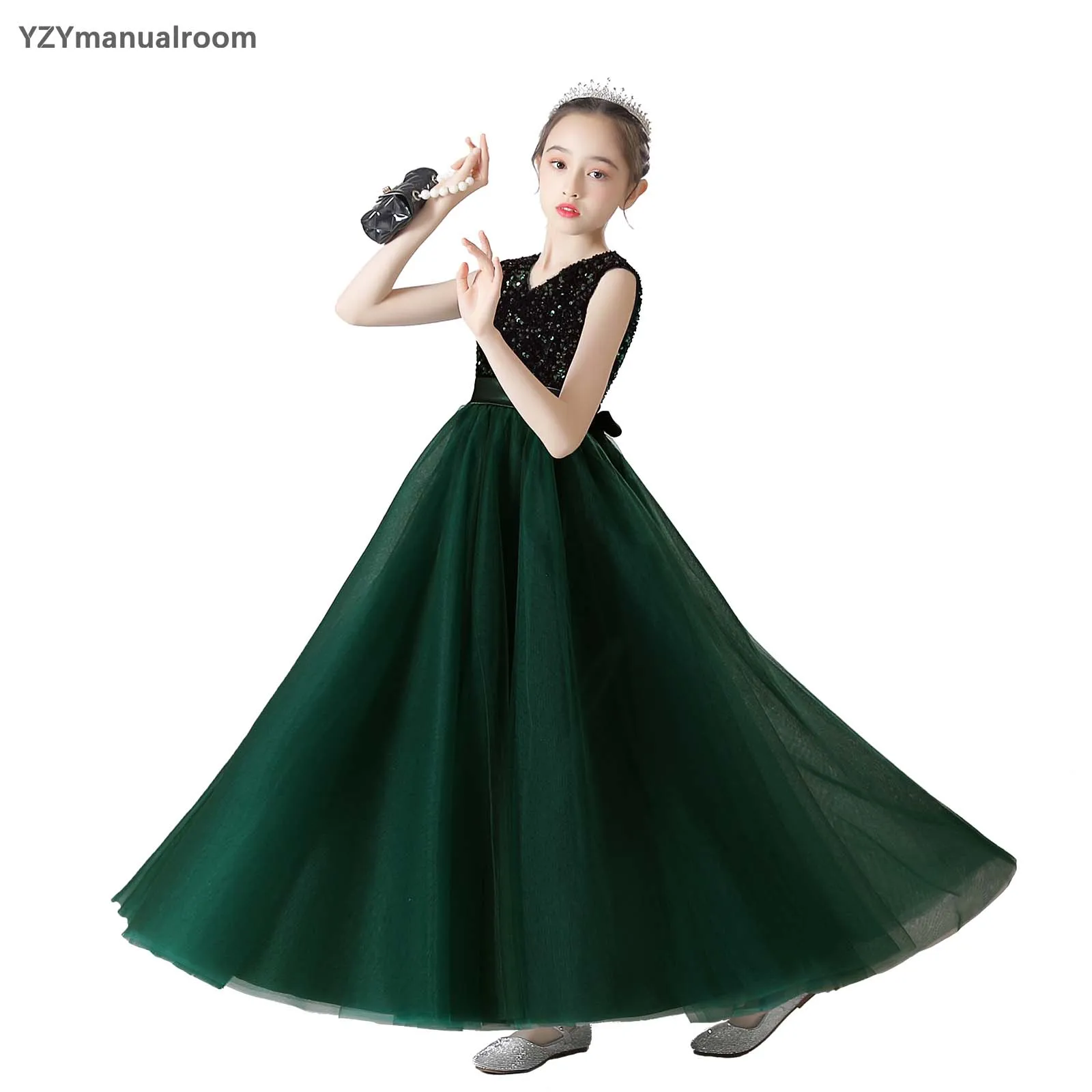 Flower Girl Dresses Wedding Bridesmaid Sequins Sleeveless Skirt Girls Pageant Gown Floor Length Prom Dresses Toddler Princess