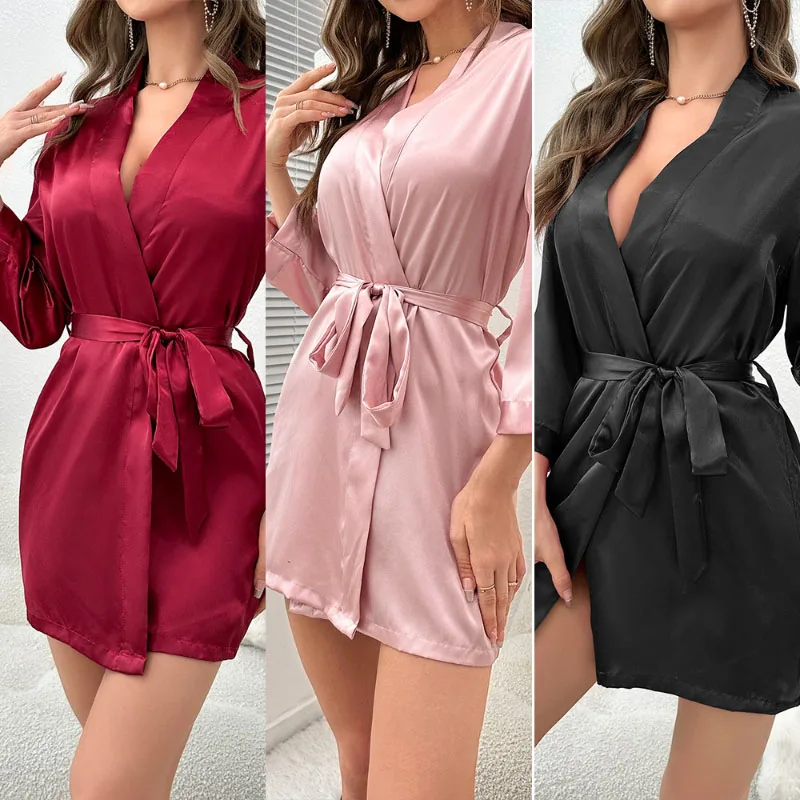 

Pajamas For Women Summer Sexy European Style Lace-up Female Nightgown Simple Solid Cardigan Half Sleeves Short Home Nightdress