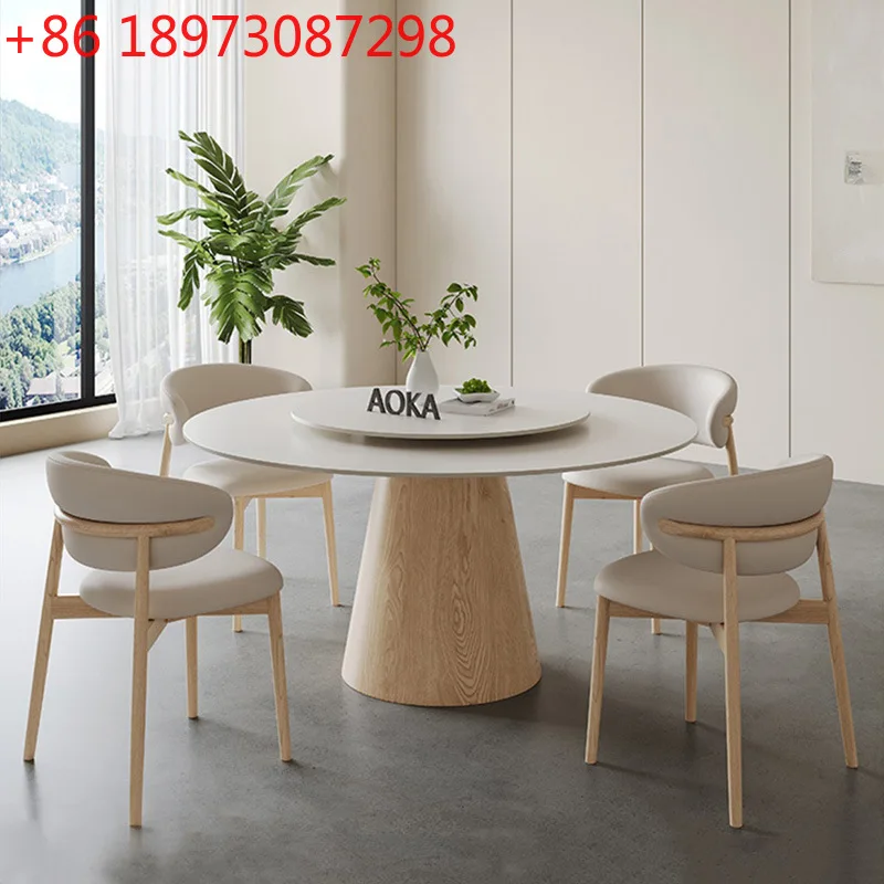 

Nordic solid wood rock slab round table modern simple household log color cream style round table