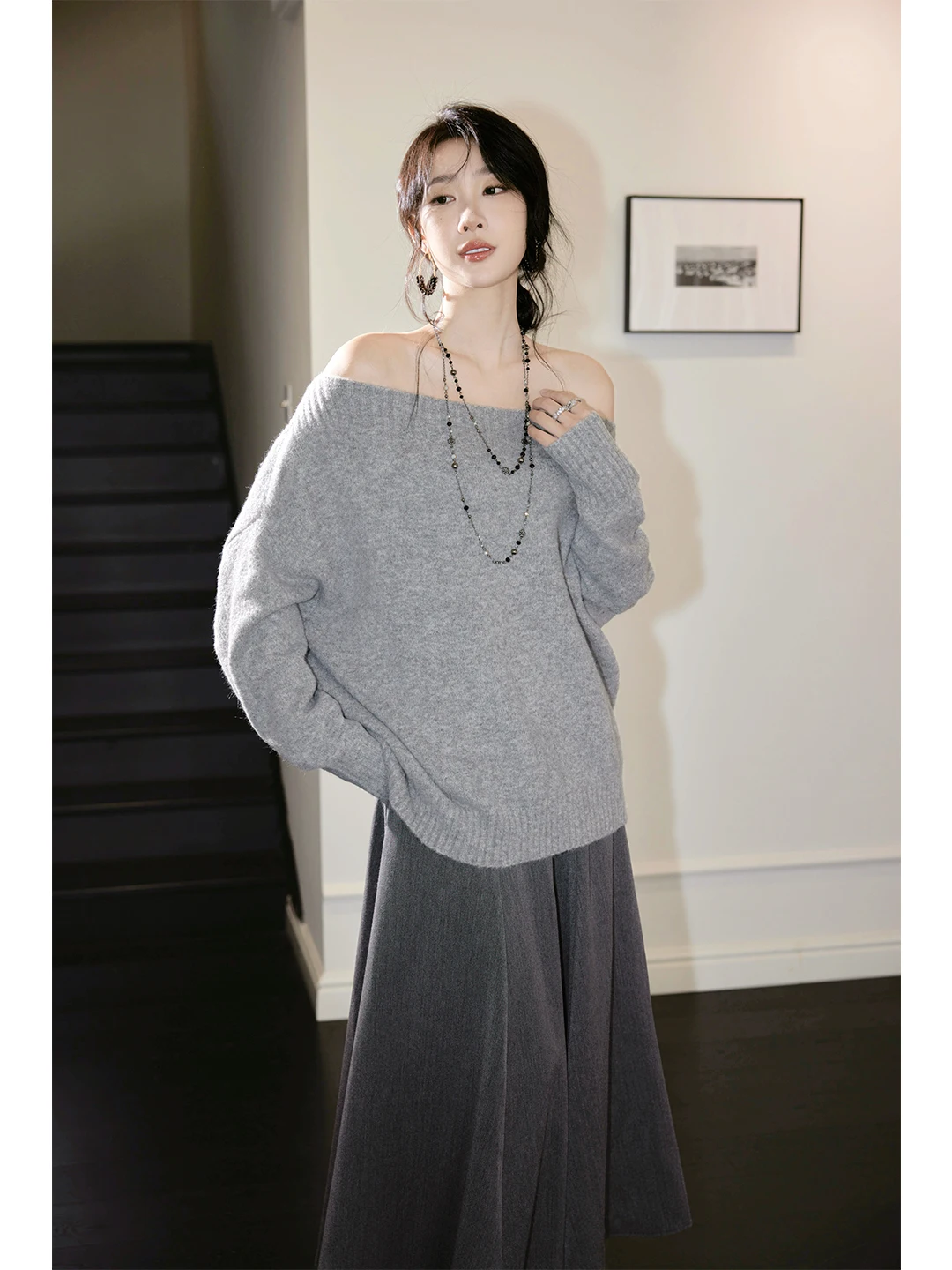 

ay Loose Women's Woolen Knitted Top Casual Sle oulder Bared Sweater Commute Faion Warm Thi Long Sve Autumn Winter