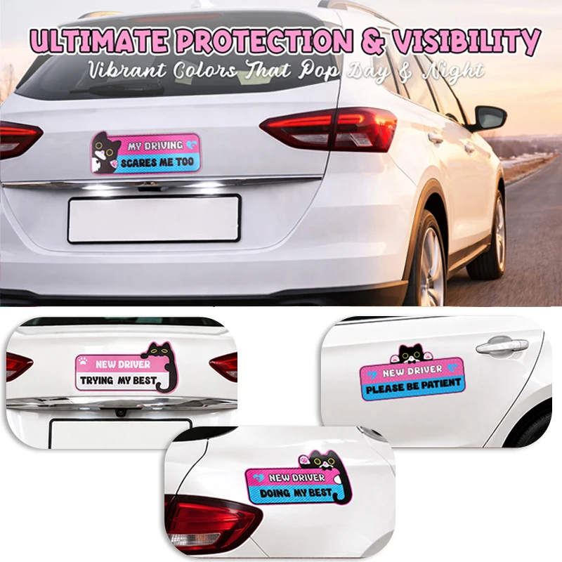 3Pcs New Driver Please Be Patient Reflective Magnets Funny Cat Car Stickers for Novice Drivers Waterproof Auto Safety Signs