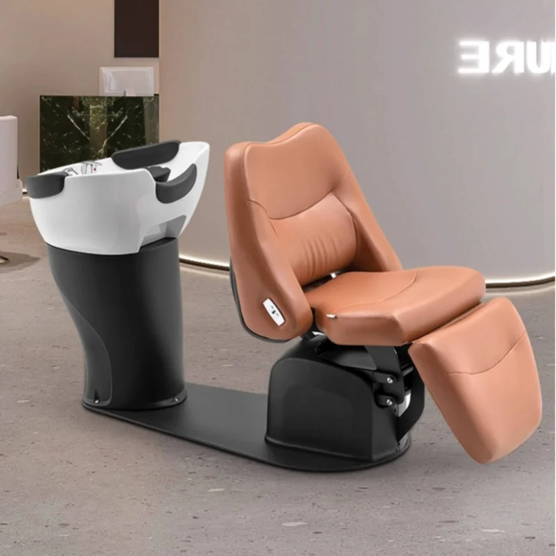 Yicheng Beauty Modern Luxury Electric Shampoo Chair with Synthetic Leather and Ceramic Basin Brown for Salon & Hair Styling
