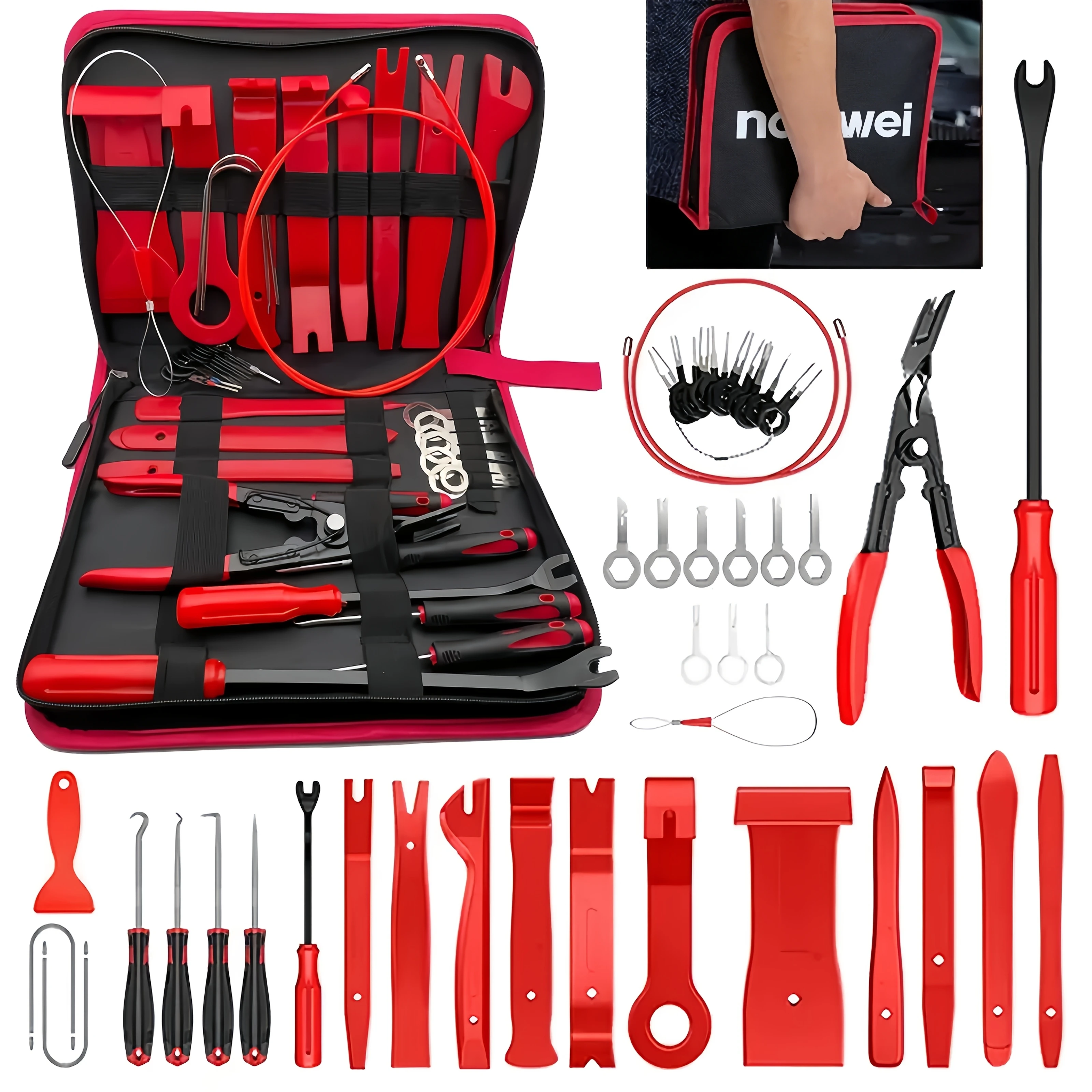 43Pcs Auto Trim Removal Tool Set, Nanwei Car Panel Door Dashboard Audio Plastic Pry Kit, Clip Remover Pliers, Puller Hooks, Radio Disassembly Keys, Fastener Remover, Automotive Interior Upholstery Repair Hand Tools with Storage Bag