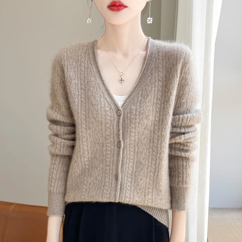 New 100% merino wool autumn and winter women\'s hollow V-neck pullover fashion warm knit cardigan top.