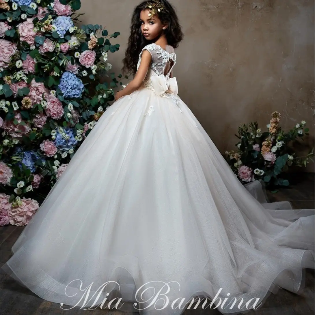 

Flower Girl Dress White Fluffy Tulle Sparkle Applique Ruffle Sleeve Wedding Flower Child's First Communion Birthday Party Dress