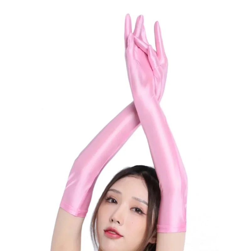 Sexy Women Smooth Shiny Elastic Glove Oil Gloosy Silky Sheer See Through Long Gloves Sunscreen Driving Glove Luxury Candy Color