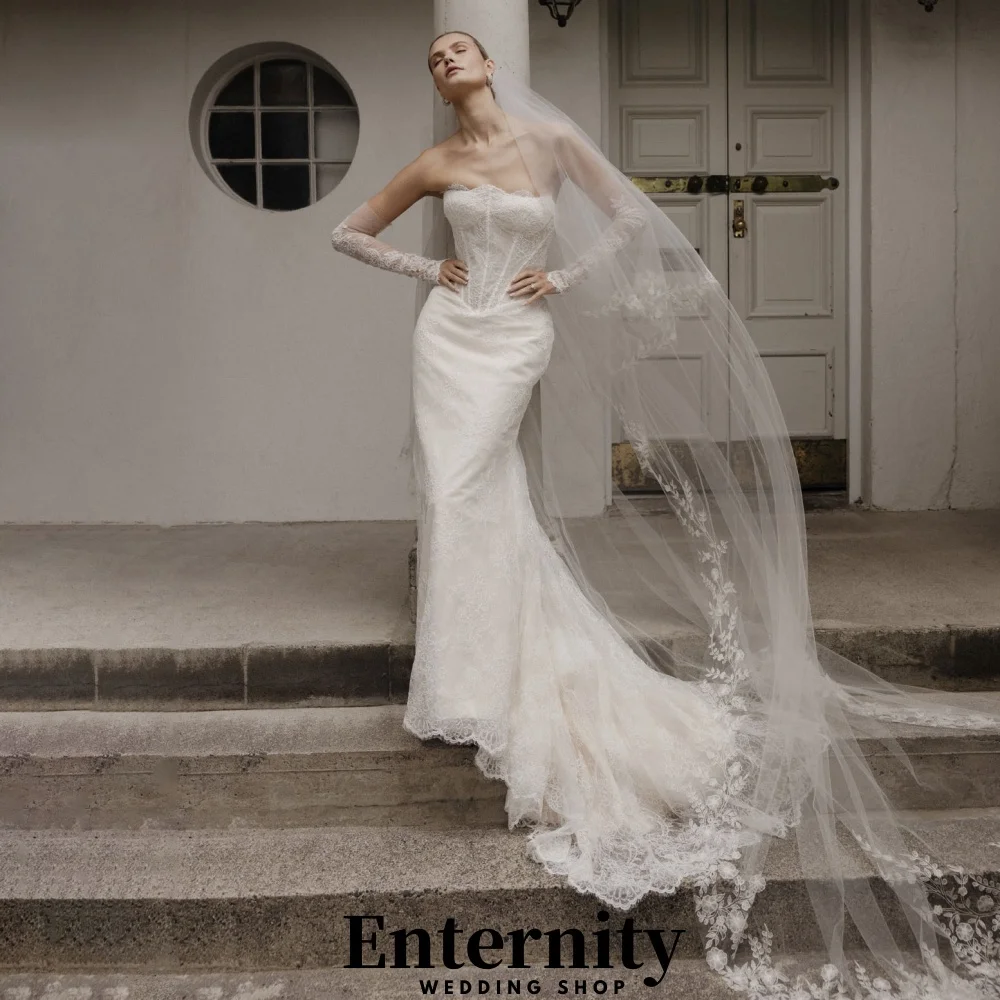 فساتين زفاف مخصصة مزينة بالدانتيل أنيقة برقبة قارب نصف كم للنساء فساتين زفاف ساحرة من التل فيستدوس دي نوفيا #1