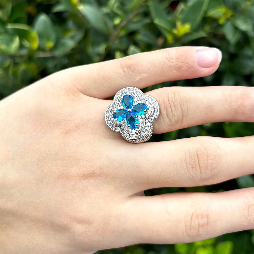 RACHELZ الهيب هوب مثلج خارج تشيكوسلوفاكيا حجر زهرة الزركون خواتم الاتجاه لامعة مكعب زركونيا البنصر للنساء الرجال المجوهرات يوميا #6